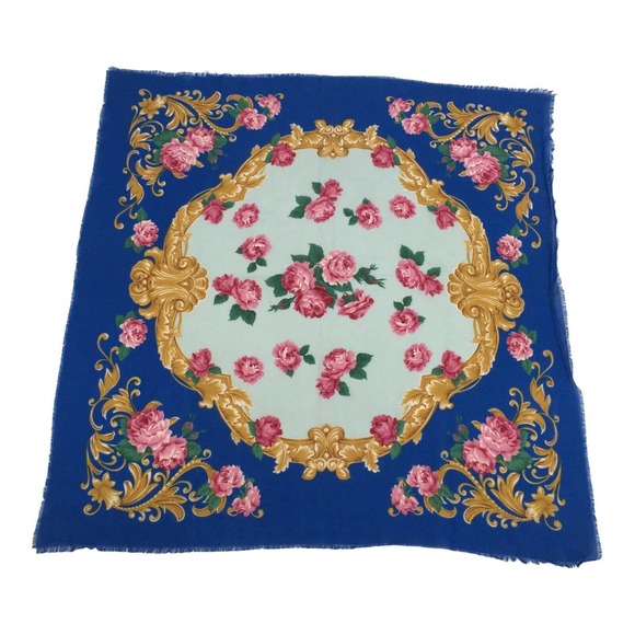 Vintage Victorian Floral Design Scarf Square Approx 30"×29" Pink Gold Blue Large - Picture 2 of 4
